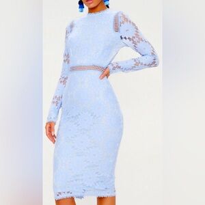 PrettyLittleThing Light Blue Lace Long Sleeve MIDI Dress size 0